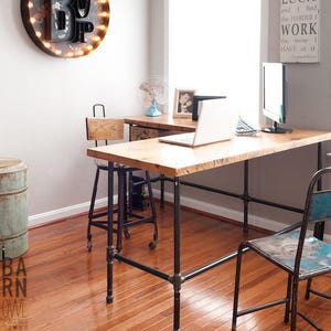 Vintage Wood Desk in L shape with iron pipe legs in choice of size, height, wood thickness and finish image 1