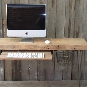 Small Wood Desk with Mid Century Hairpin Legs Wood Desk with Keyboard Tray and Locker Basket Mid Century Modern Furniture Desk Small Desk image 1