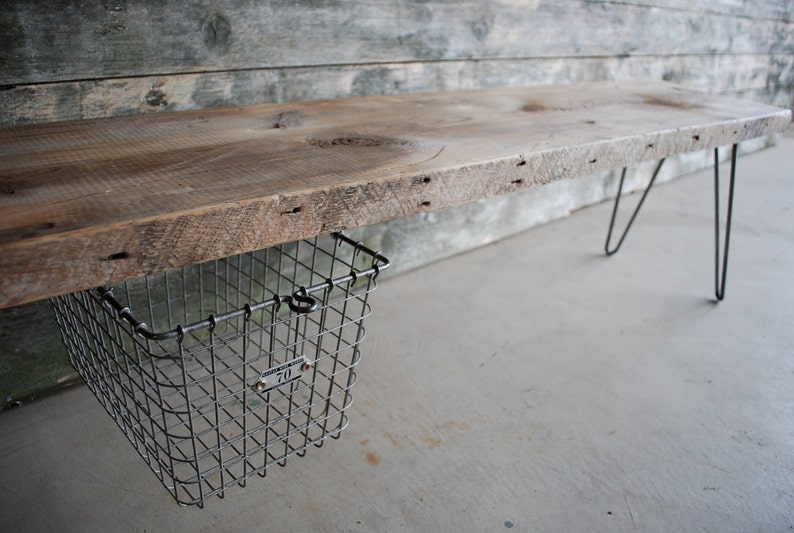 Rustic Wood Bench with sliding locker basket drawer made with reclaimed wood and hairpin legs. Choose size and finish. image 2