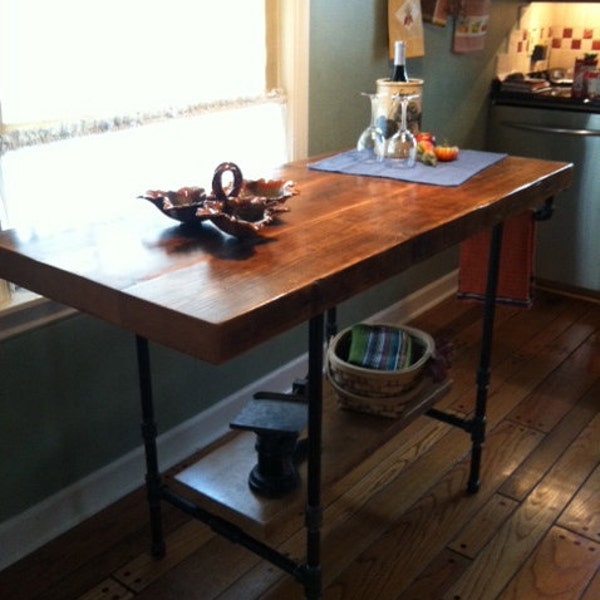 Recycled Wood Desk and Bar Table with Wood Thick Top and Pipe Legs and of Your Choice and Finish - Rustic Bar Table Reclaimed Wood Desk