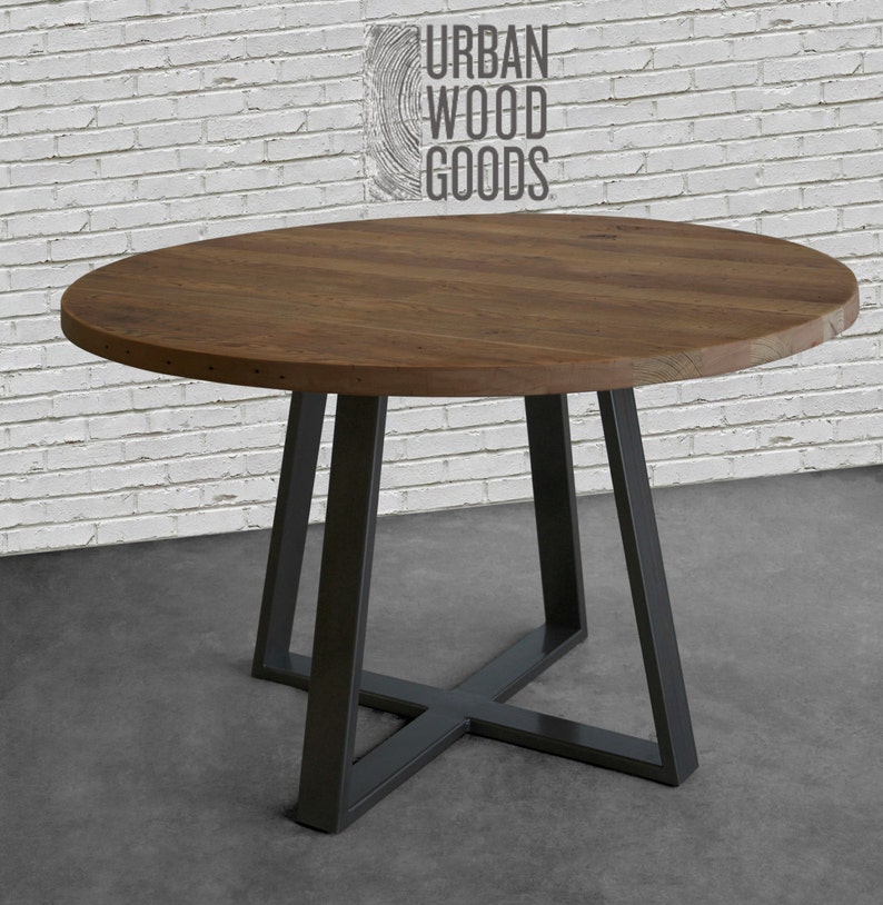 Urban Wood Goods Pub Table made in reclaimed wood and steel legs in your choice of size, wood top thickness 1.5 or 2.5 thick and finish image 3