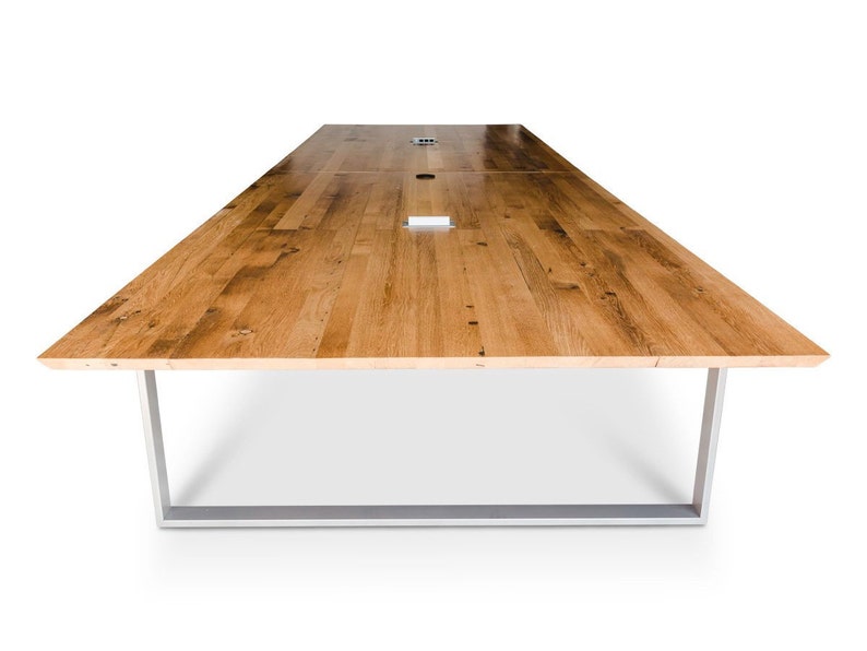 Reclaimed White Oak Conference Table with Knife Cut Edge Reclaimed Oak Coffee Table with Steel Legs Modern Office Furniture Wood Table image 5