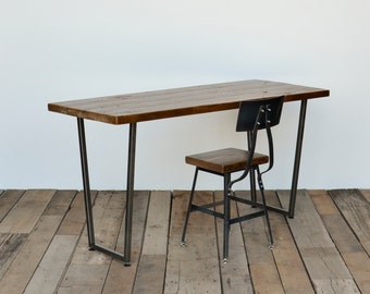 Rustic Industrial Wood Office Desk hand crafted with reclaimed wood and steel tapered legs in choice of sizes, finish.