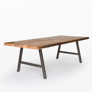 Modern Farmhouse Wood Dining Table made with reclaimed wood and steel A frame legs in your choice of leg style, color, size and finish image 1