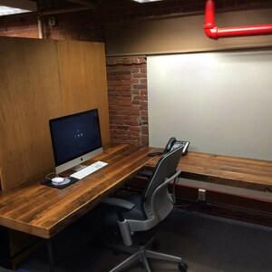 L Shaped Office Desk crafted of reclaimed wood and steel pipe legs in your choice of size, height and finish image 1
