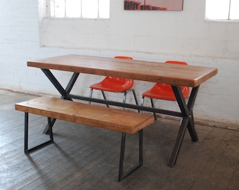 Industrial Modern X Frame Reclaimed Wood Table made with reclaimed wood and steel X base.  Custom inquiries welcome.