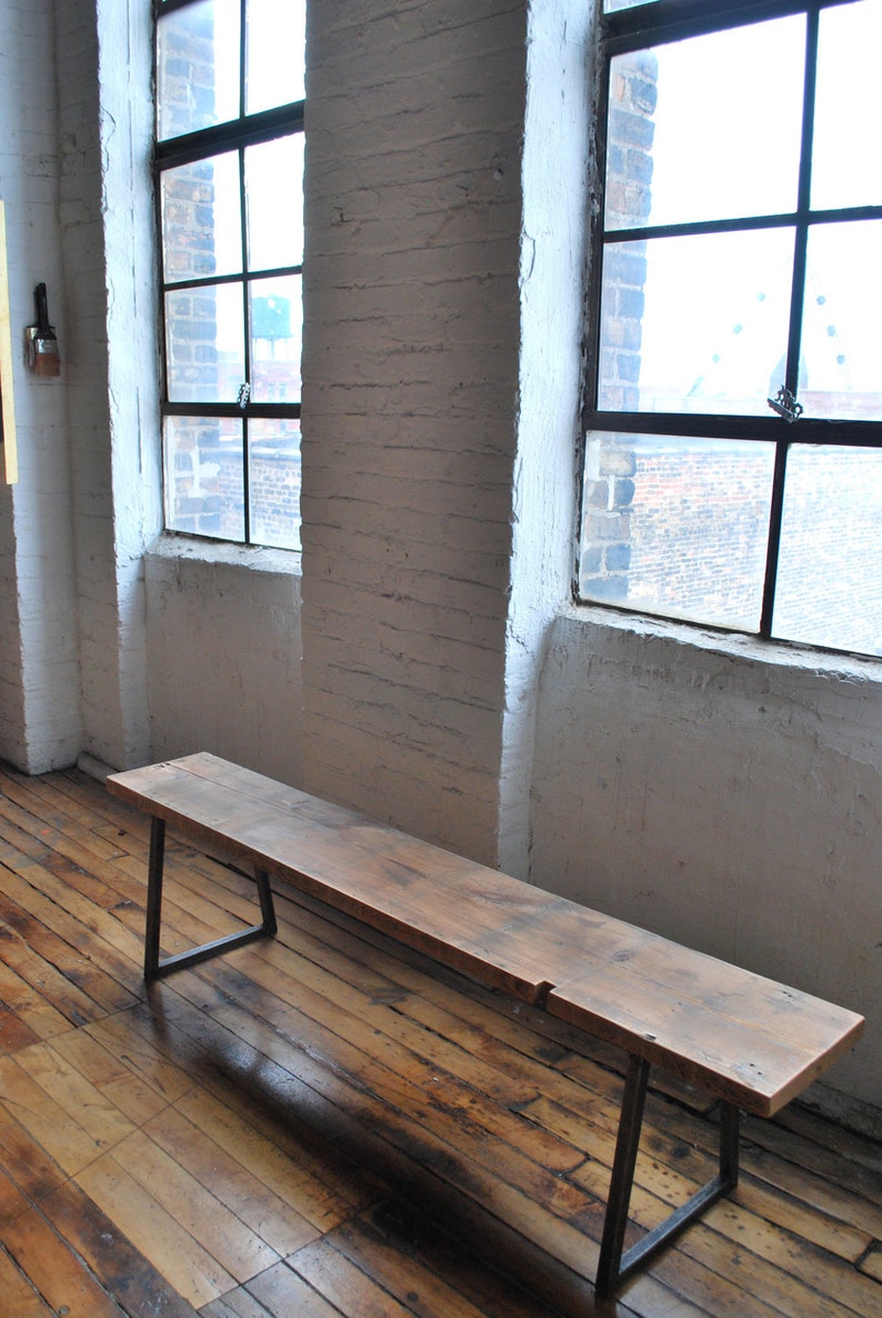Solid Wood Bench with reclaimed wood top and steel U shaped legs. Choose size, thickness and finish. image 3