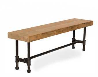 Farmhouse Bench made with reclaimed wood and iron pipe base.  Choose size, wood thickness, and finish.