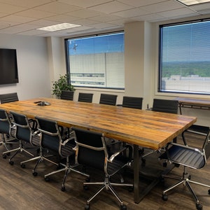 Wood Conference table in thick reclaimed wood and steel legs in your choice of color, size and finish image 1