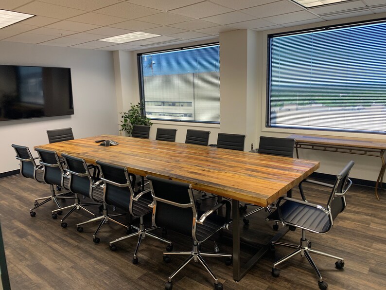 Wood Conference table in thick reclaimed wood and steel legs in your choice of color, size and finish image 1