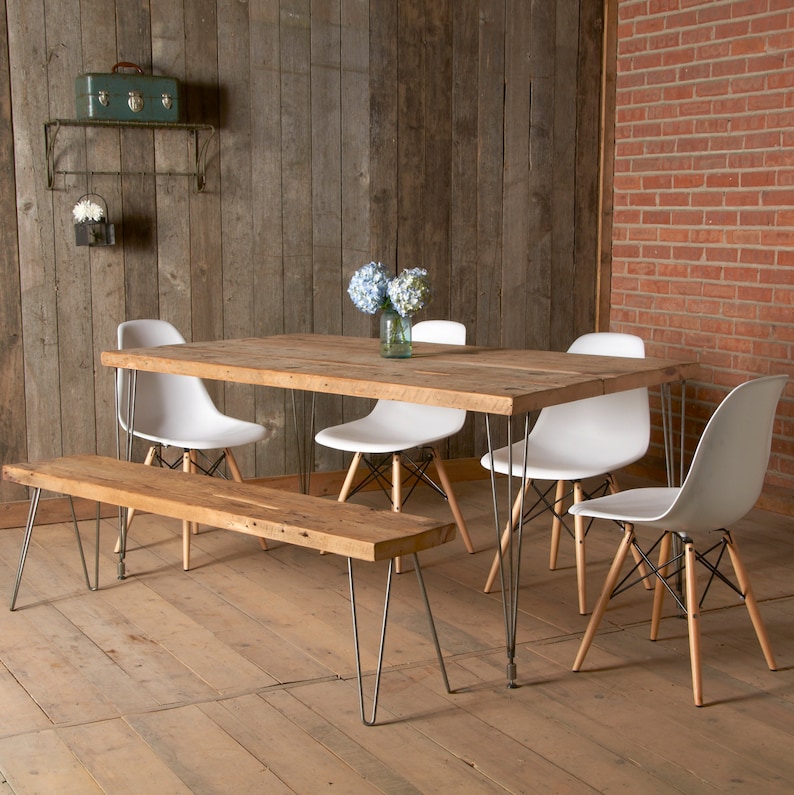 Simple Hairpin Dining Table with Reclaimed Wood Planks and 3 Rod Hairpins of Your Choice of Size and Finish Solid Wood Table for New Home image 1