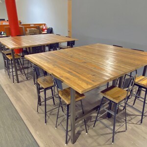 Solid Wood Bar Height or Counter Height Table, Pub Table with reclaimed wood and H steel legs. Choose color, size, thickness, finish image 1