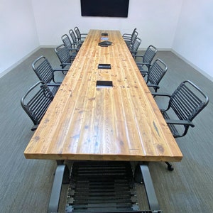 Reclaimed Wood Meeting Conference Table with 2.5 thick top and steel legs, choice of leg style, size and finish. Power hubs available. image 1