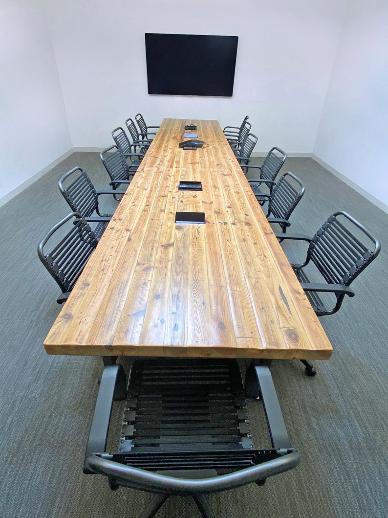 Reclaimed Wood Meeting Conference Table with 2.5 thick top and steel legs, choice of leg style, size and finish. Power hubs available. image 1