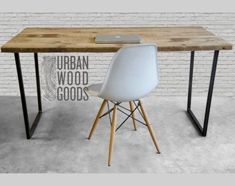 Modern Urban Wood Desk, Reclaimed Wood Office Desk with vintage wood top.  Choose size, wood thickness and finish.