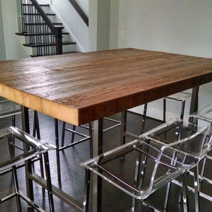 Solid Wood Bar Table, Restaurant Table, Pub Table with reclaimed wood top and steel legs in your choice of color, size, thickness and finish image 1