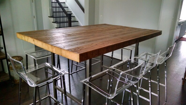 Solid Wood Bar Table, Restaurant Table, Pub Table with reclaimed wood top and steel legs in your choice of color, size, thickness and finish image 1