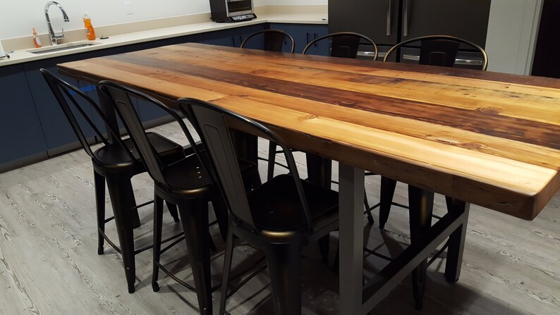 Farm Table made of 2.5 thick reclaimed wood with steel H legs in your choice of style ,color, size and finish image 2