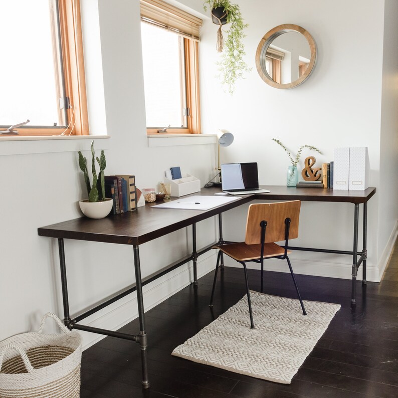 L Shaped Office Desk crafted of reclaimed wood and steel pipe legs in your choice of size, height and finish image 2