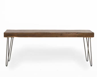 Wood Bench made with reclaimed wood planks and steel hairpin legs. Choice of size, wood thickness and finish.  Custom inquiries welcome.