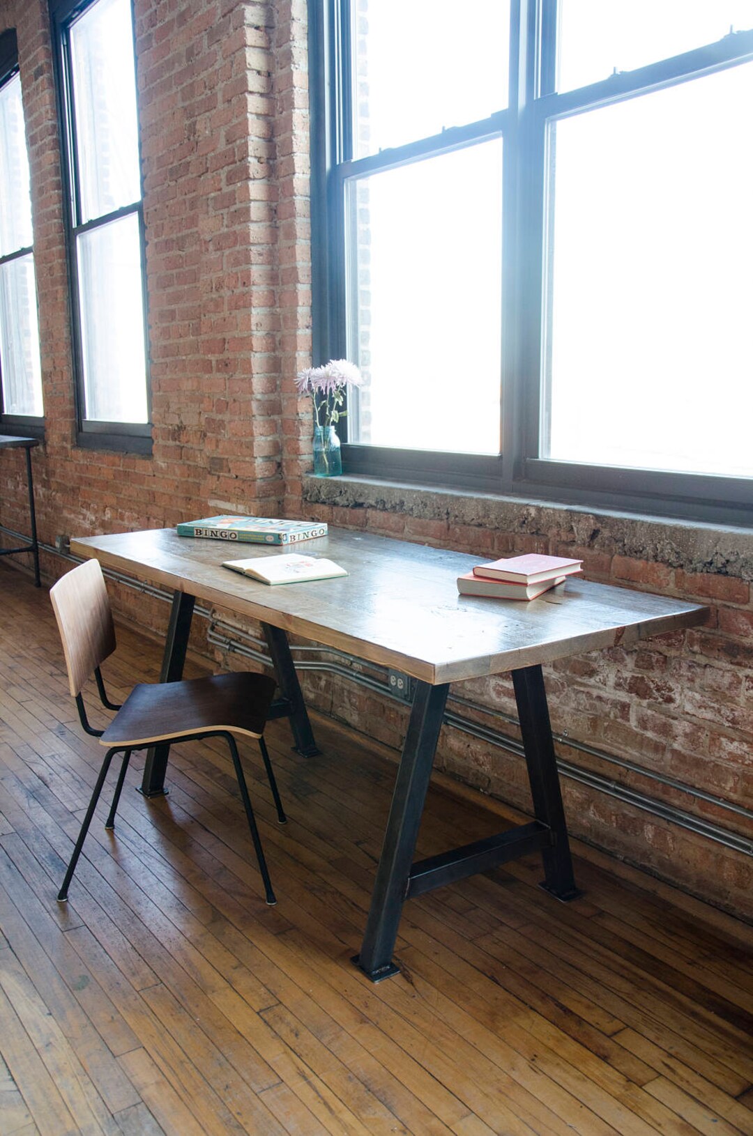 Modern Harvest Wood Desk With Reclaimed Wood Top and Steel Base