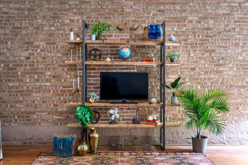 painted steel supports Custom orders 4-5 wks Modern Farmhouse ShelvingMedia CenterWall Storage choice of wood finish and thickness
