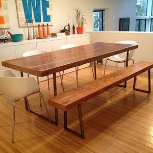 Solid Wood Bench with reclaimed wood top and steel U shaped legs. Choose size, thickness and finish. image 1