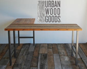 L Shape desk crafted of reclaimed wood and steel H legs.  Choose size, top thickness, return side and finsih.