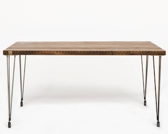 Mid Century Modern Desk made with reclaimed wood top and hairpin legs. Choice of size, wood thickness and finish