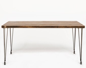 Mid Century Modern Desk made with reclaimed wood top and hairpin legs. Choice of size, wood thickness and finish