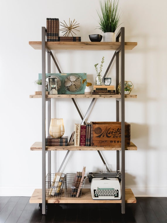 Free-standing Shelving Unit Industrial Style, Freestanding Bookshelves,  Solid Wood Bookcase 