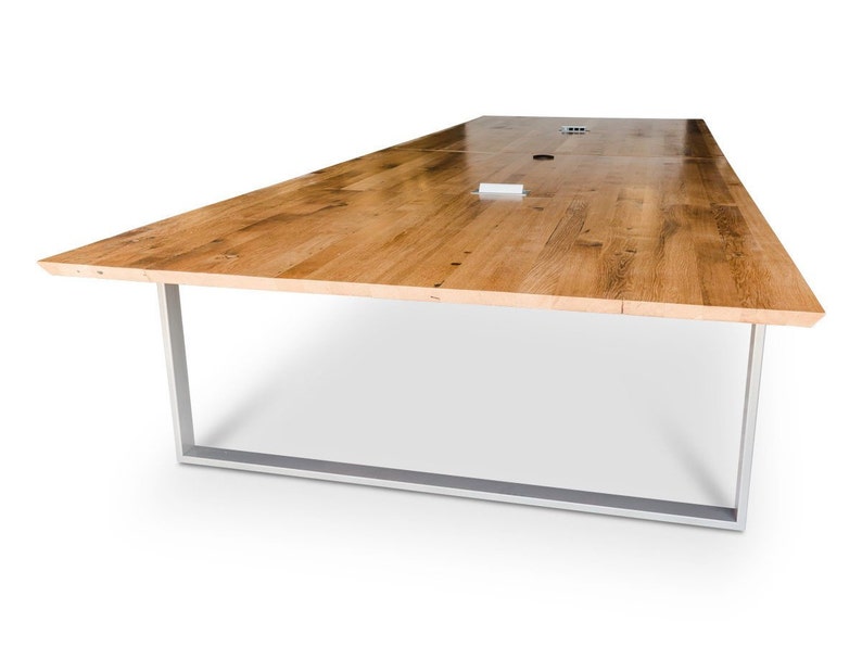 Reclaimed White Oak Conference Table with Knife Cut Edge Reclaimed Oak Coffee Table with Steel Legs Modern Office Furniture Wood Table image 3