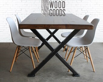 Rustic Wood Dining Table Rectangle - Wood Dining Room Table Made with Reclaimed Wood - Industrial Table Top with X Steel Legs - Office Table