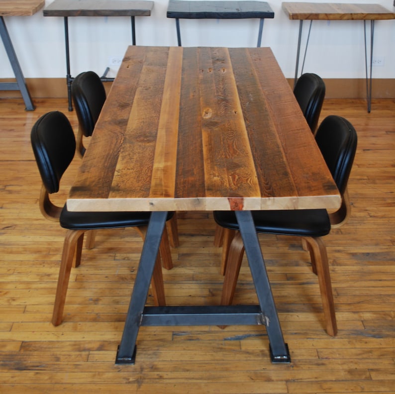 Modern solid reclaimed wood dining table, custom made with steel A-frame legs in choice of sizes or finishes image 4