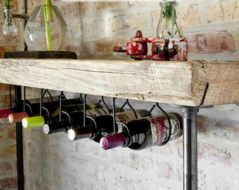 4 ft Industrial Reclaimed Wine Bar and Rack/Console Table with Pipe Legs and Thick 2.5" Top (48"L x 11.5"w x 35"h)