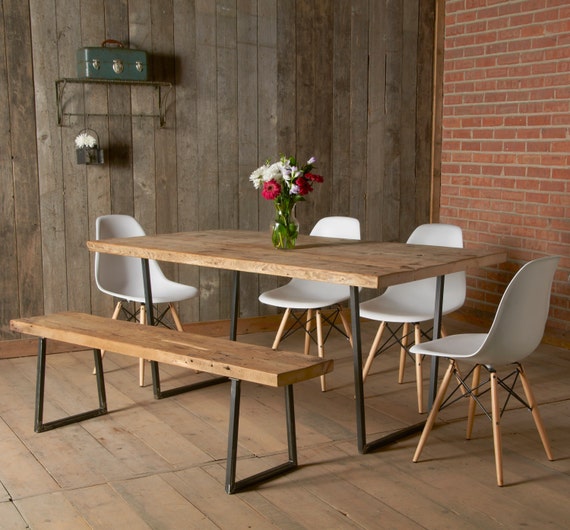 Modern Dining Table With Reclaimed Wood Top and Square Steel Legs