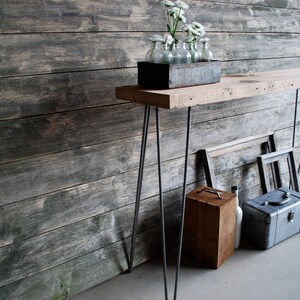 Industrial Console Table with reclaimed wood top hairpin legs and locker basket. Choose size and wood finish. image 3