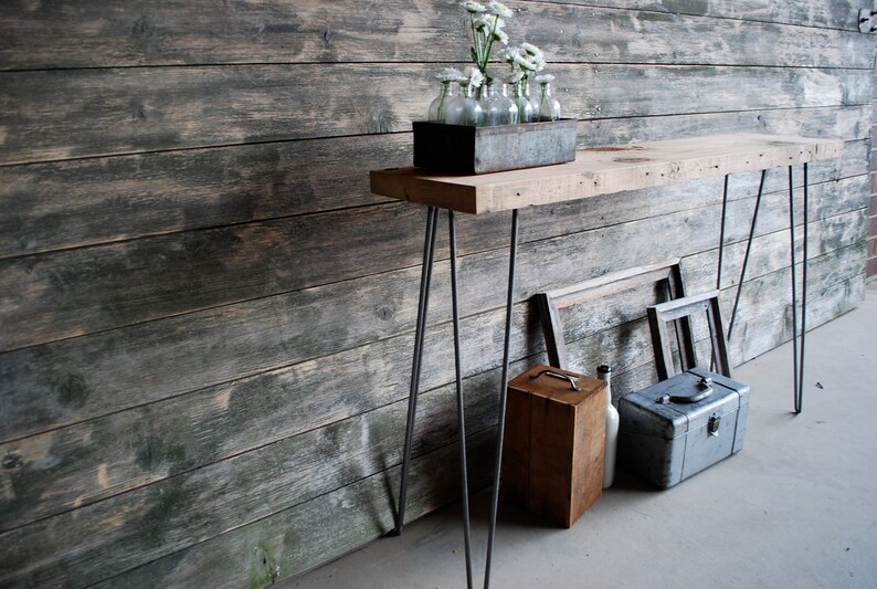 Industrial Console Table with reclaimed wood top hairpin legs and locker basket. Choose size and wood finish. image 3