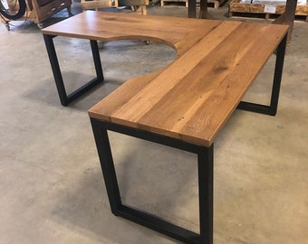 Farmhouse Office Desk in L Shape with cut out - Made with Reclaimed Wood - Solid Wood and Steel Office Desk L Shape - L Shaped Desk Wood