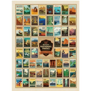 May include: A poster featuring 63 American National Parks, each represented by a vintage-style illustration. The poster includes parks like Acadia, Arches, Denali, and Yosemite. The text "63 American National Parks" is prominently displayed.