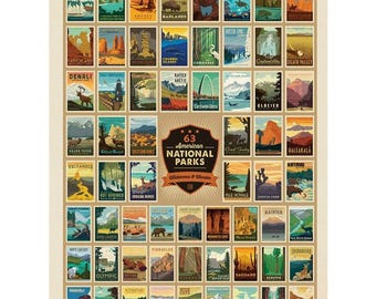 May include: A poster featuring 63 American National Parks, each represented by a vintage-style illustration. The poster includes parks like Acadia, Arches, Denali, and Yosemite. The text "63 American National Parks" is prominently displayed.