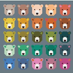 May include: A grid of 25 colorful bear faces in various shades of brown, yellow, green, blue, and pink. Each bear has a white snout and a black nose and eyes. The background is a solid gray.
