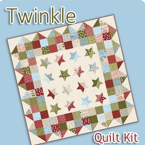 May include: A quilt kit called "Twinkle" features a patchwork design with red, green, blue, and white squares. The center of the quilt features a white background with a pattern of blue and green stars.