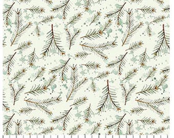 May include: A fabric pattern featuring a repeating design of brown and green pine tree branches on an off-white background, accented with light green paint splatters. A ruler at the bottom shows measurements in inches for scale reference.