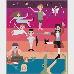 May include: A colorful, pixelated illustration featuring characters from Peter Pan. Peter Pan, Captain Hook, Tinkerbell, and other characters are depicted against a backdrop of stars and a gradient sky. The words "Tick Tock" are also visible.
