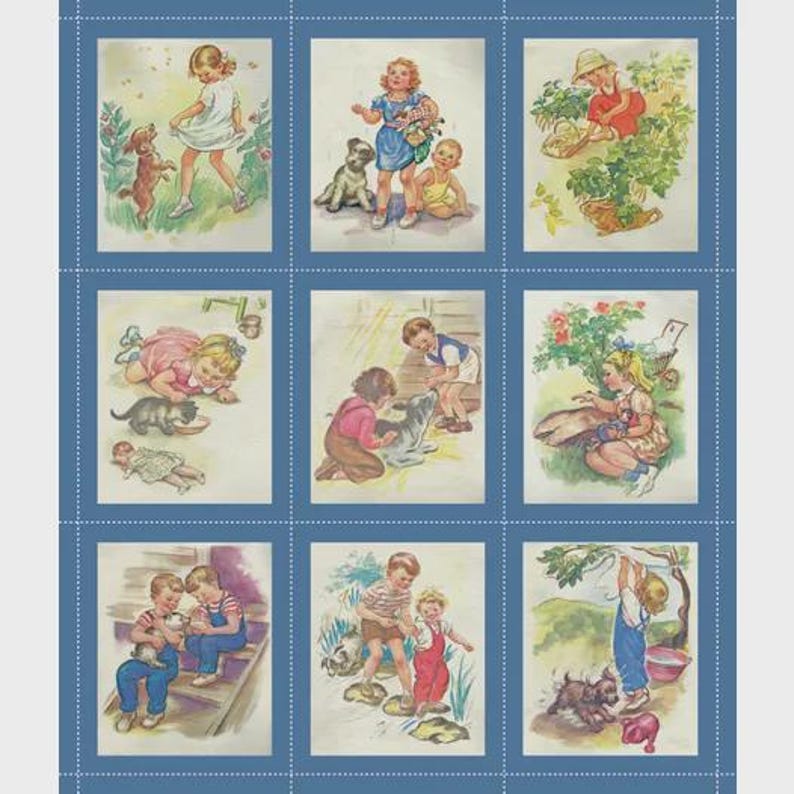 K&ouml;nnte beinhalten: Ein Stoffpaneel mit neun Vintage-Illustrationen von Kindern und Tieren. Die Bilder zeigen Kinder, die mit Hunden, Katzen und anderen Haustieren in Au&szlig;enszenen interagieren. Die Kunstwerke verwenden eine weiche, pastellfarbene Farbpalette und vermitteln ein nostalgisches Gef&uuml;hl.