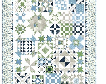 Piece and Quilt Sampler Fabric Kit | Shoreline by Camille Roskelley for Moda | Celebrate with Quilts Sampler Quilt Kit | 72.5 x 91.25