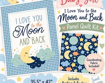 Kit de edredón Baby Boy "Te amo hasta la luna y de vuelta" de 35.5" x 42" / Incluye tela para el reverso y ribete / Riley Blake Designs