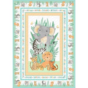May include: A baby quilt featuring a central panel with an elephant, zebra, lion, and other jungle animals. The border includes the words "Unique, Strong, Brave, Proud" and animal illustrations in a light blue and tan color scheme.