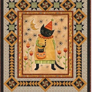 May include: A Halloween-themed quilt featuring a whimsical black cat wearing a party hat and holding a jack-o'-lantern bag. The quilt has a central image surrounded by a decorative border with geometric patterns. Quilt size is 64" x 72".
